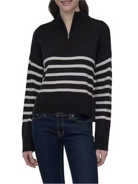 DKNY Black & White Striped Half-Zip Turtleneck Sweater